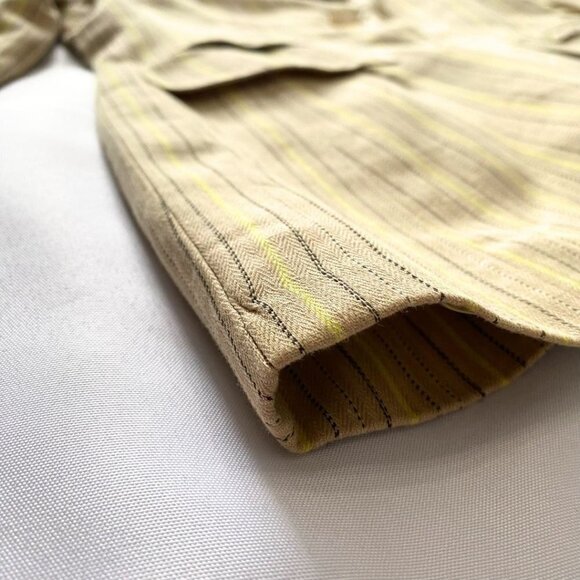 ESCADA LINEN BLEND BEIGE BLACK YELLOW STRIPED PEAK LAPEL MID-LENGTH BLAZER - 4 - Picture 11 of 12